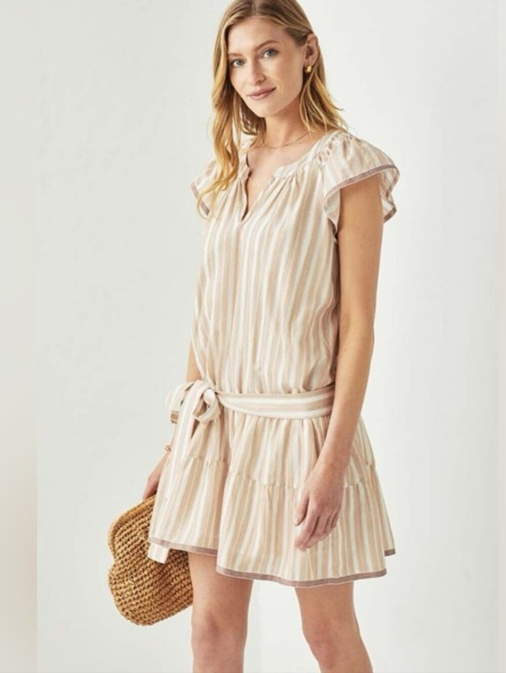 Cartolina The Paloma Striped dress Mocha White Striped Cotton Sz XS